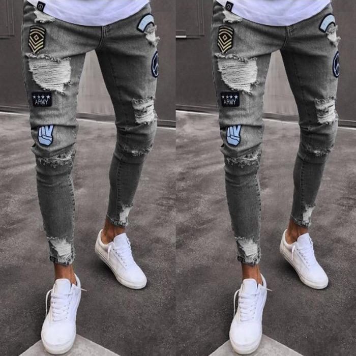 Fashion Embroidered Badge Elastic Shredded Young Slim Jeans