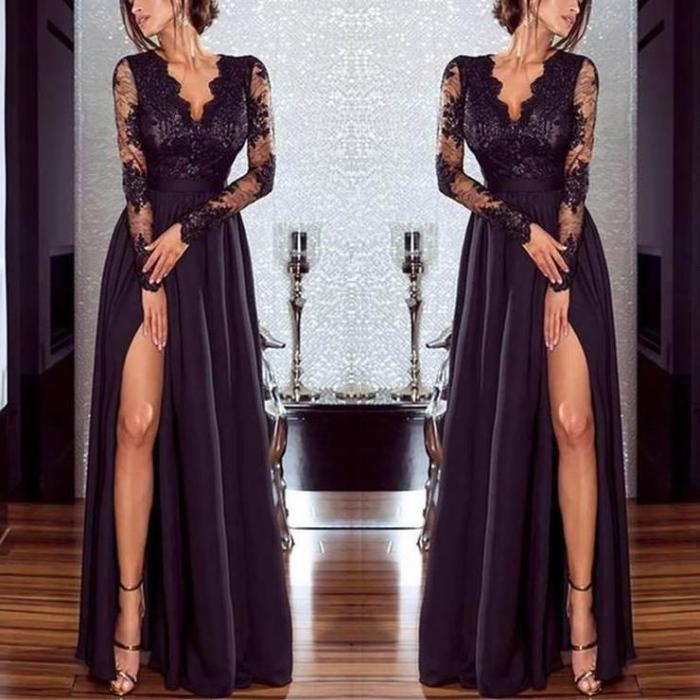 Casual Long Sleeve Lace Inwrought Splicing Slit Maxi Dresses