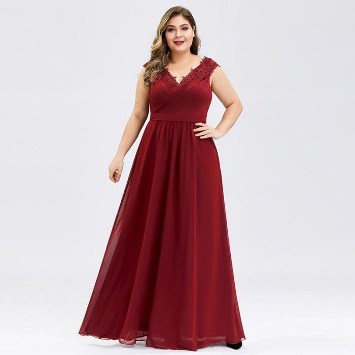 Elegant Evening Dresses Plus Size A-Line V-Neck Appliques Sleeveless Ruched Chiffon Formal Evening Party Gowns Robe Longue 2020