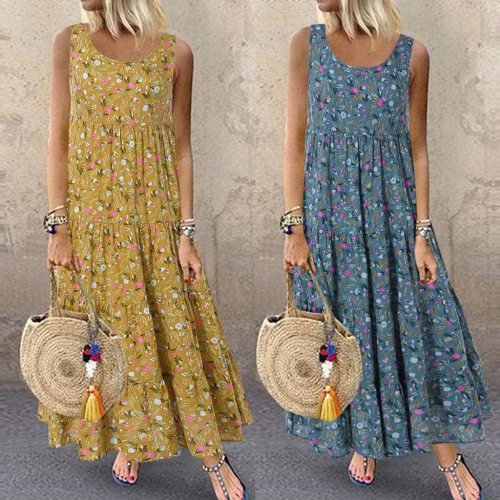 Summer Bohemian Beach Dress Plus Size M-5XL Women Fashion Casual Loose Sleeveless Floral Daily Print Long Cotton and Linen Dress