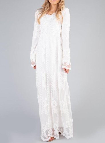 Pure Round Neck Lace Long Sleeve Maxi Dress
