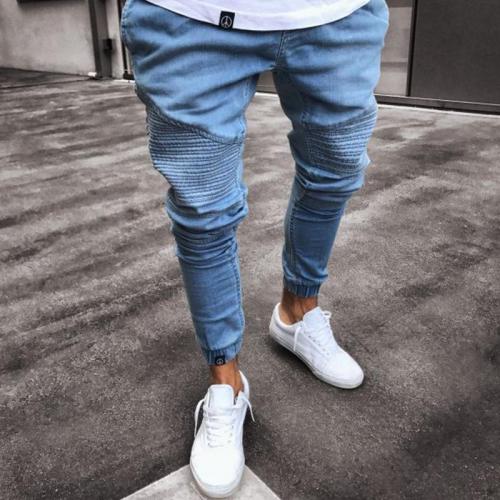 Light Blue Shirred Jeans Denim Skinny Pants