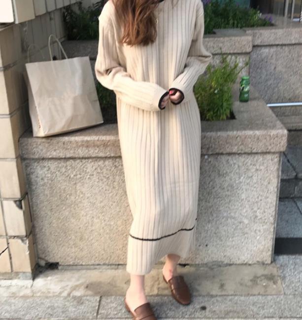 Fashion Simple Loose Long Sleeves Knitted Maxi Dress Evening Dress