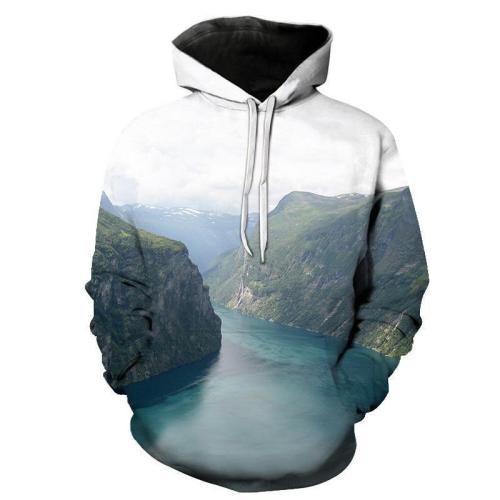 Fashion Loose Mountain And River Floral Printed Hoodie With Hat