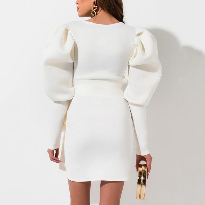 elegant retro long bubble sleeves belted fitted dress