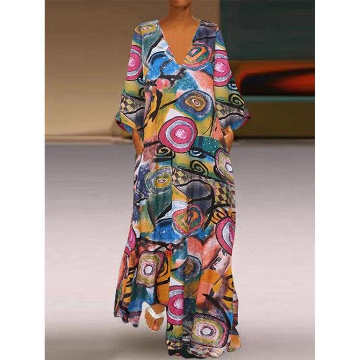 Plus Size 5XL Vintage Dress Woman's Dress Summer Maxi Dress V Neck Ankle Length Casual Boho Beach Woman Dress Femme Robe Vestido