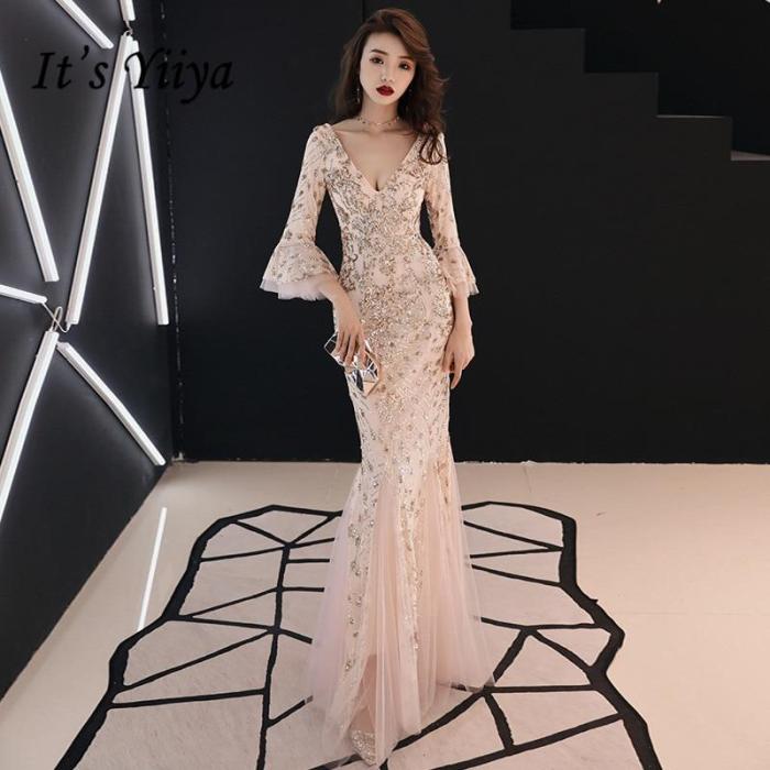 Champagne Evening Dress Gold Sequins Charming Formal Trumpet Party Gown V-neck Flare Sleeve Long Black Mermaid Prom Dresses E063