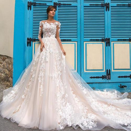 Crystal Appliques Flowers Luxury Wedding Dresses Long Sleeve Vestido De Casamento See Through Sexy Wedding Gowns Abiti Da Sposa