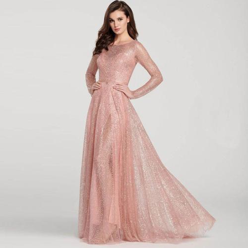 fashion Sparkle Long Evening Dress New Round collar Long sleeve formal dress Women Elegant Sequin Evening Party Gown Dresses