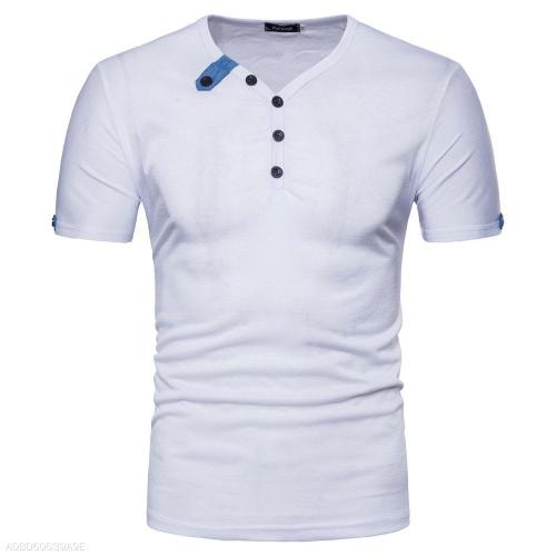Cotton Blue Collar Button V-Neck  Short T-shirts  5 Colors