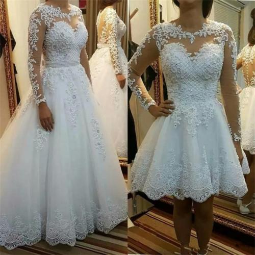 2020 New Detachable Train Princess Wedding Dresses Lace Appliques Pearls Bridal Dress 2 in 1 Ball Gown Vestido De Noiva