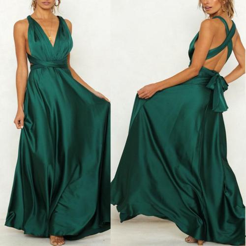 V-Neck Sexy Backless Solid Color Straps Big Swing Maxi Dress