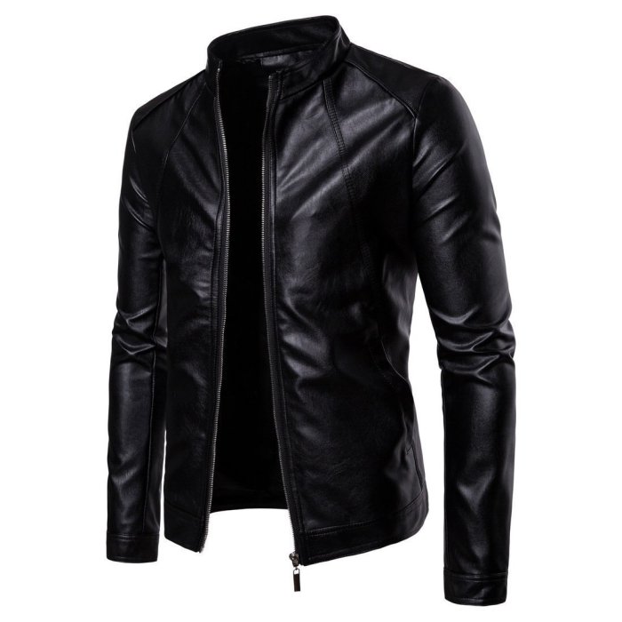 Fashion Cool Plain Leather Zipper Lapel Collar Jacket