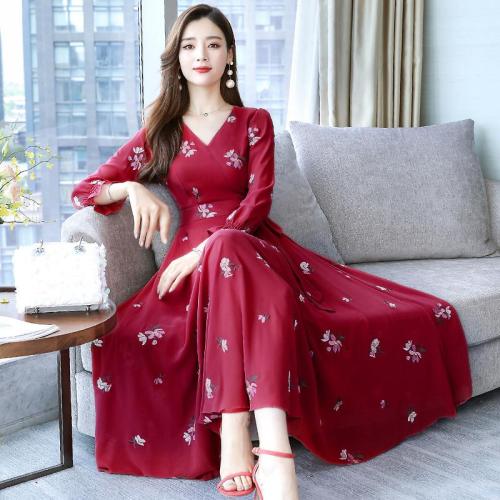Chiffon dress female 2019 autumn new slim sexy floral long-sleeved V-neck dress large size M-3XL high quality elegant vestidos
