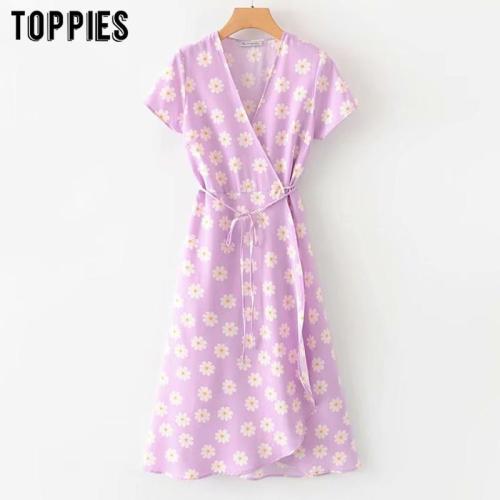 violet daisy printing midi dress summer dress country style green wrapped vestidos mujer 2020