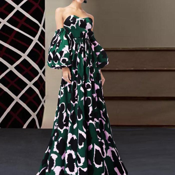 Floral Print V-Neck Fashion Puff Sleeve Dress