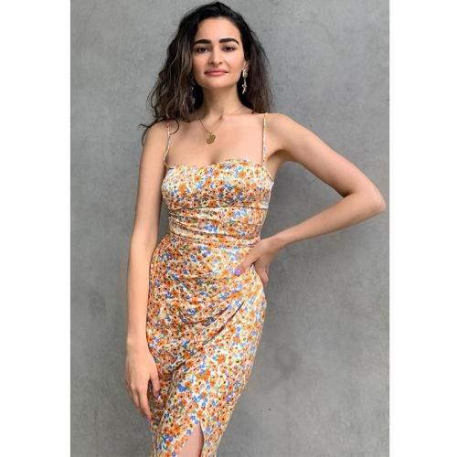 Bec Bridg* Dress Sexy Holiday Style 16 mm Silk Stain Yellow Flower Printed Slip Dress Braces Backless High Waist Party