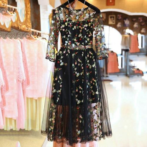 Summer Plus Size Mesh Embroidery Lace Dresses Women Eleganr Casual Evening Party Dress O Neck Vestidos