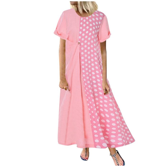 Cotton and Linen Dot Print O-Neck Pockets Long Maxi Dress