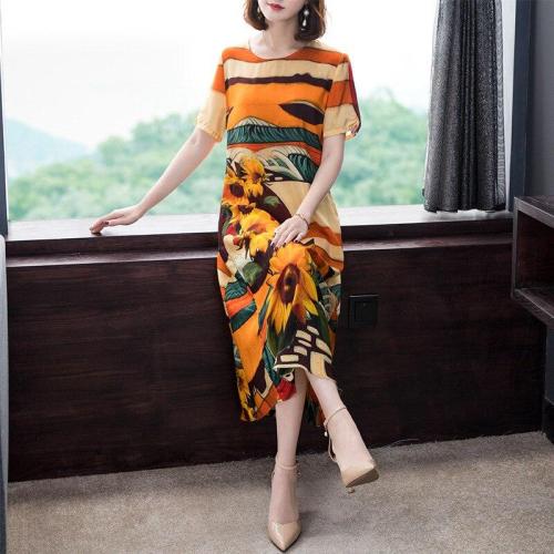 Silk dress 2020 summer new print loose retro short-sleeved vestidos large size M-3XL high quality elegant dress
