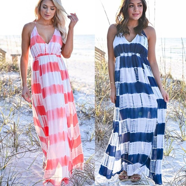 New Fashion Casual Party Daily Loose V-Neck Spaghetti Strap Stripe Patchwork Sleeveless Long Maxi Dresses