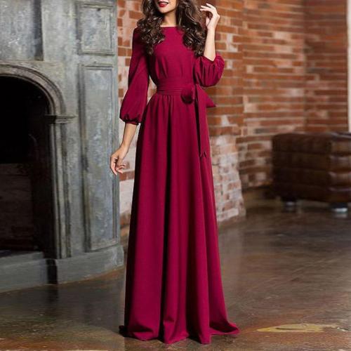 Solid Color Waist Elegant With Belt Maxi Evening Dress