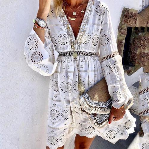 Fashion V Neck Hollow Out Floral Pattern Long Sleeve Dress