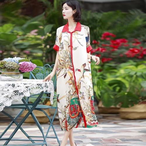 100% Silk Printed Women Long Dress Summer Fashion Short Sleeve with Sashes Single Breasted Dress Loose Luxurious Vintage Dress