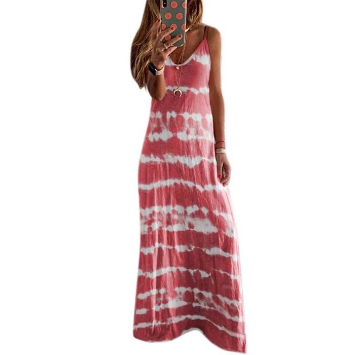 Striped Straps  Deep V Neck Floor Length Maxi Dress