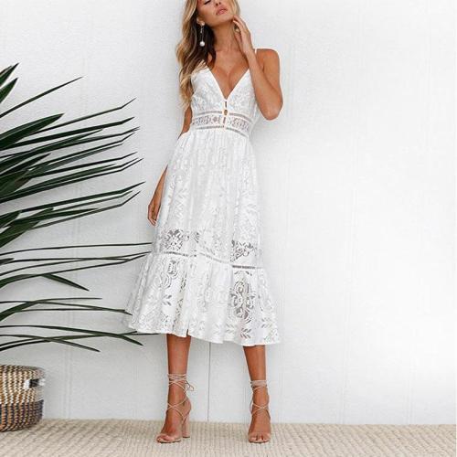Solid Color Sling Lace Midi Dress