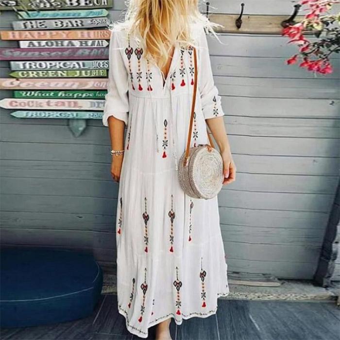 Boho Floral Print Long Sleeve V-Neck Drawstring Lace Up Long Maxi Dress
