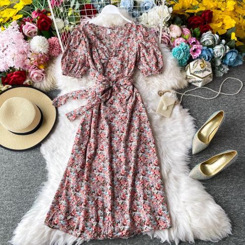 JOYMANMALL Women Summer Floral Midi Dress Sweet Puff Sleeve V Neck Lace up A-line Dress French Bohemian Print Beach Sundress