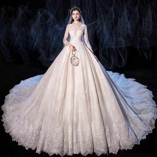 Beading Sequined Appliques Lace V-neck Long Sleeve Gorgeous Ball Gown Wedding Dress With 1.5m Picture Chapel Train Alibaba China