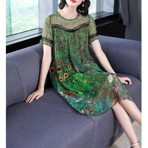 Vintage Peacock Green Silk Dress 2020  Floral Print Summer Dresses Plus Size M-3XL Gown Lace Stitching Short Sleeve Robes