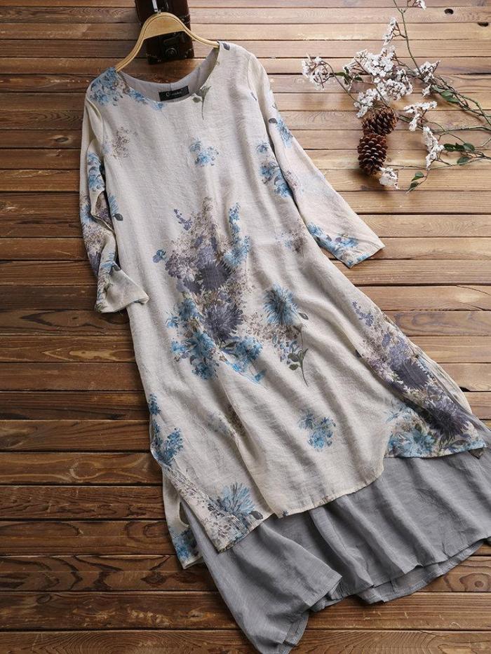 Vintage Floral Print Layers Long Sleeve Plus Size Maxi Dress