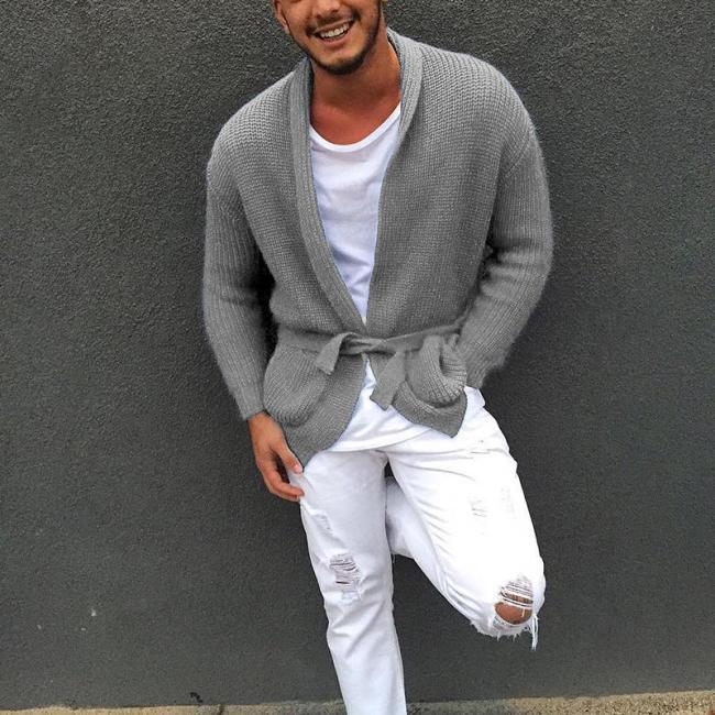 Men's Casual Pure Colour Belted Knit Cardigan