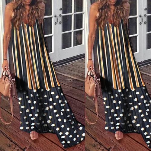 Fashionable Printed Striped Polka Dot Vacation Dress