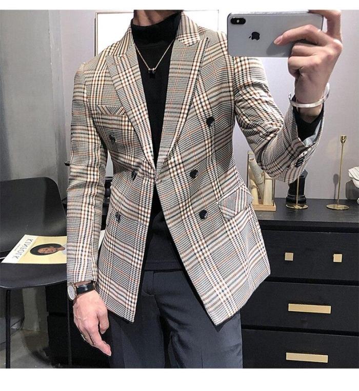 2020 Men's Tuxedos New Arrival Plaid Casual Double Breasted Slim Fit Blazer Mens Suit （Only Jacket）