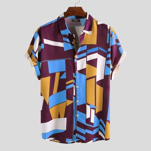 Summer Mens Geometric Print Short Sleeve Slim Fit Lapel Button Casual Shirt