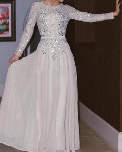 Round Neck Long Sleeve Sequined Evening Dress