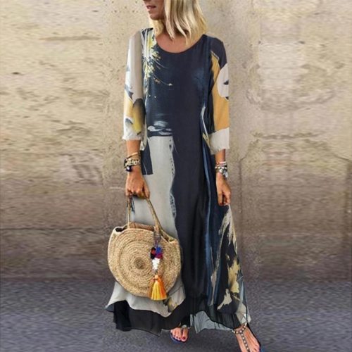 Vintage Print Long Sleeve O-Neck Casual Vestidos Summer Dress Linen Loose Party Maxi Dresses