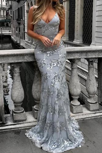 Sexy V-Neck Sleeveless Strap Sequined Evening Dress Fishtail Dress