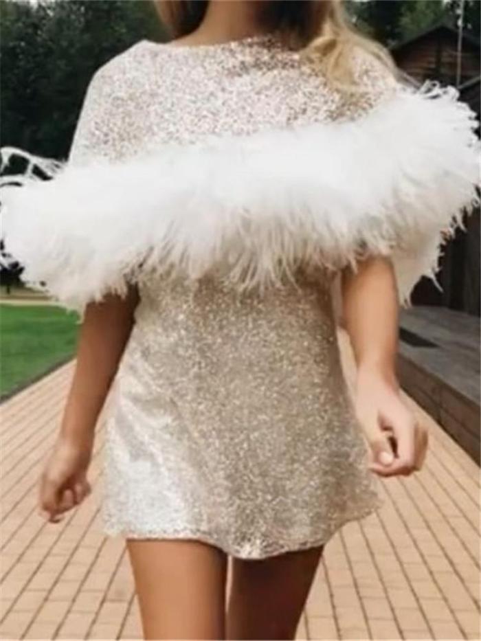 Fashion Round Neck Short Sleeve Feather Mini Dress