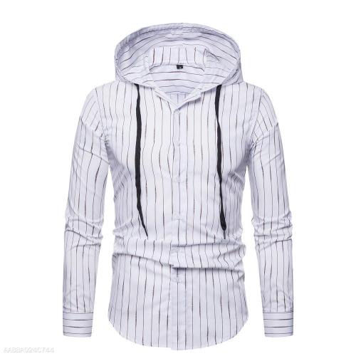 Vertical Striped Hooded Long-Sleeved Shirt 5 Colors
