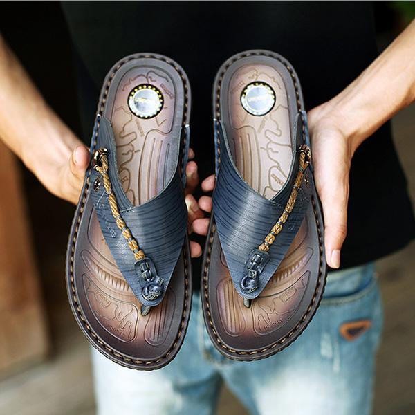 Summer Men Leather Sandals Flip Flops Soft Sole Slippers Beach Shoes