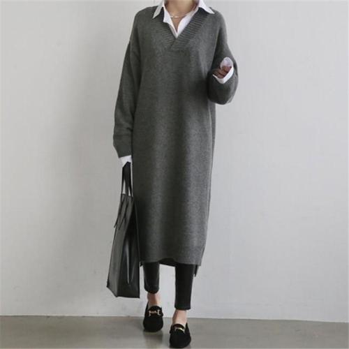 Fashion Simple Loose Long Sleeves Knitted Sweater Shown Thin Maxi Dress