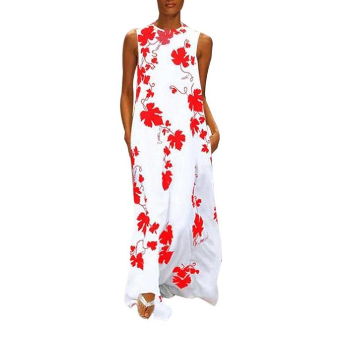 Maxi Long Dresses Vintage Casual Loose Sexy Round Neck Bohemia Floral Print Sleeveless Casual Dress
