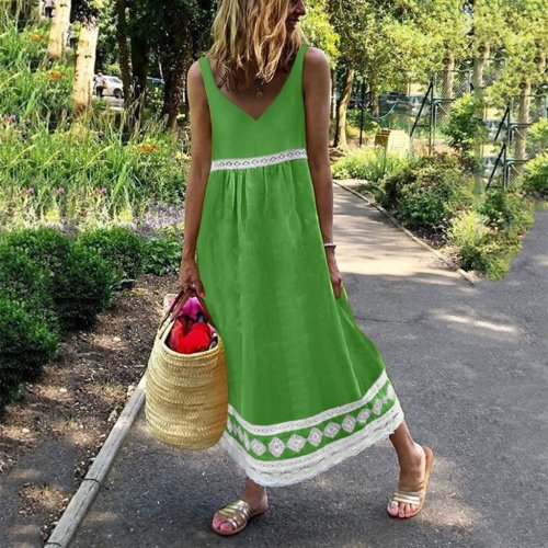 Boho Loose Print Lace Patchwork Beach Holiday Dress V-neck Spaghetti Strap Maxi Dress