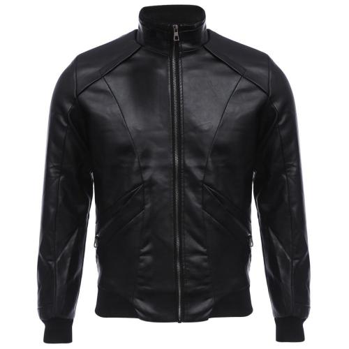 Stylish Stand Collar Zipper Design Male Warm Slim Fit Leather Coat 1486