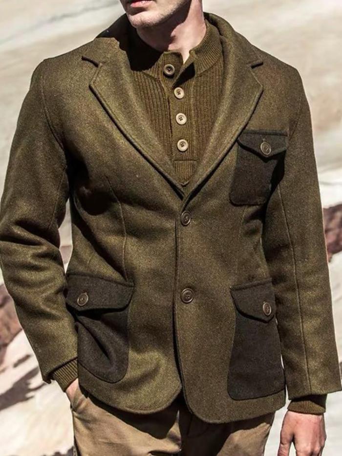Elegant Gentleman Colorblock Pocket Wool Blazer